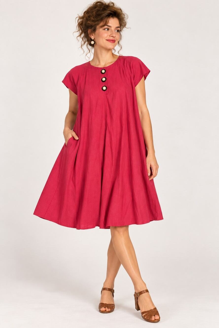 Vintage 80s 90s Jessica Howard Dress Size 12 Linen Rayon Trapeze Pink Pockets